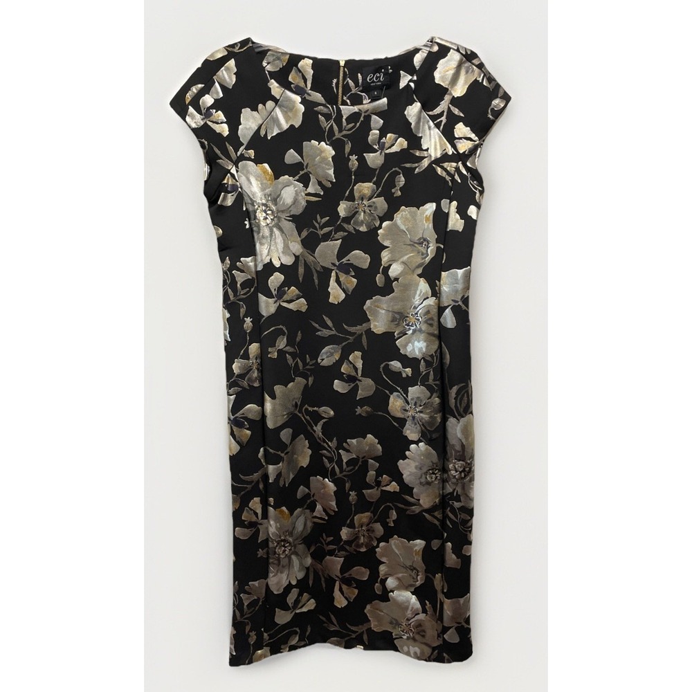 ECI black floral Black sheath glistening MIDI DRESS Sz 8 NWT Stretch Wedding